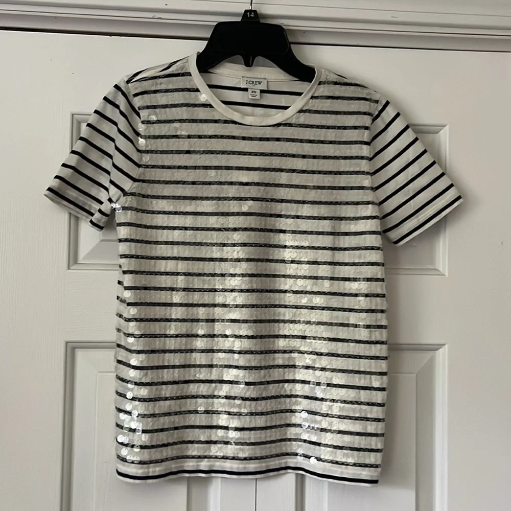 NWT J. Crew Sequin Stripe Tee Navy Blue & White XS - Picture 6 of 9
